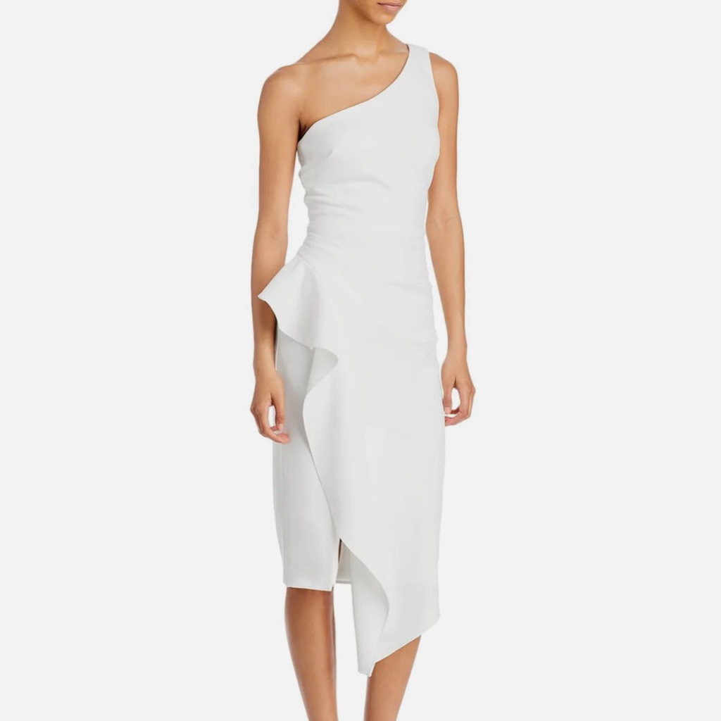 Aqua Asymmetric One-Shoulder White Midi Dress